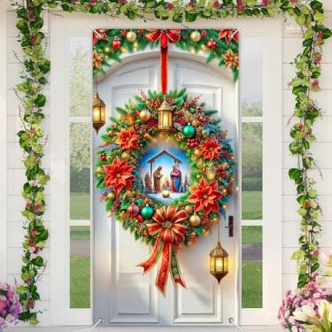 Imagem de BlissYard Capa de porta de Natal, guirlanda de poinsétia de presépio 89 x 188 cm, faixa religiosa, decoração de casa, cenário de fotos de entrada de Natal, exibição de boas-vindas sazonal para meninas