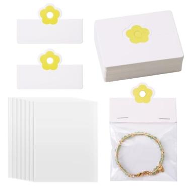 Imagem de Bestewelry Pacote de joias com 100 unidades, sacos retangulares transparentes de celofane OPP com papel estampado de flores, cartões de cabeçalho dobráveis para pequenas empresas, pulseira, colar