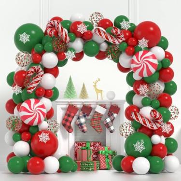 Imagem de Janinus Kit de arco de guirlanda de balões de Natal, vermelho, verde, branco, arco de balão de Natal com enfeites de flocos de neve e balões de folha de doces para decorações de Natal, suprimentos de