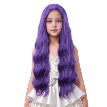Imagem de Edivd Peruca infantil roxa escura para meninas longa uva roxa ondulada cacheada peruca infantil parte média perucas sintéticas resistentes ao calor com touca