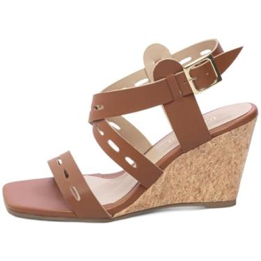 Imagem de Sandália Anabela Salto Alto Plataforma 7 cm Feminina com Fivela Dourada e Palmilha Confortável (Caramelo, BR, Adulto, Numérico, 39)