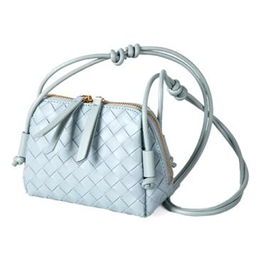 Imagem de JYG Bolsas transversais de tecido para mulheres, bolsa de ombro feita à mão, de couro sintético, mini bolsa com alça ajustável 2025, Azul claro, Mini