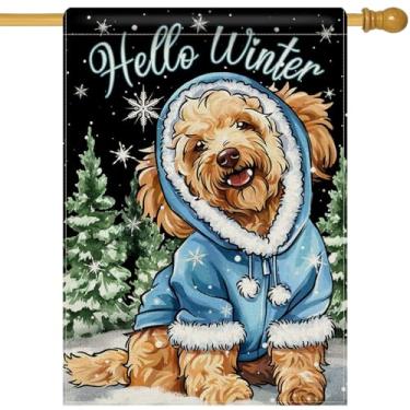 Imagem de Dyrenson Hello Winter Goldendoodle Dog 28 x 40 bandeira de casa dupla face, decoração de jardim de pinheiro presente para amantes de animais de estimação, decoração de natal sazonal de aniagem ao ar