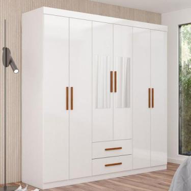 Imagem de Guarda-Roupa Solteiro Aurora 6 Portas 2 Gavetas com Espelho Branco - C