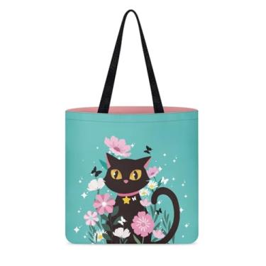 Imagem de Linda bolsa feminina preta de gato e pata para viagem, compras, lona de poliéster, bolsa de ombro diária, Gato preto e gato branco