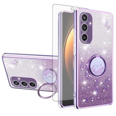 Imagem de Asuwish Capa de telefone para Samsung Galaxy S24 5G com protetor de tela de vidro temperado suporte de anel com glitter transparente híbrido à prova de choque TPU capa protetora S 24 24S G5 SM-S931U