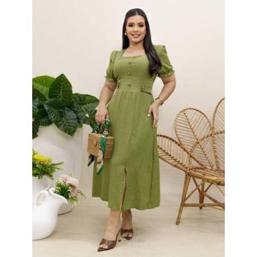 Imagem de Vestido Elegante Moda Evangélica de Linho Decote Quadrado com Botões E