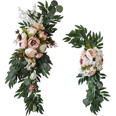 Imagem de DCYEQRQ Decorações de casamento, flores artificiais, 2 peças de flores artificiais de arco de casamento, kit de flores artificiais para casamento, folhas de eucalipto, rosa e peônia, para festa
