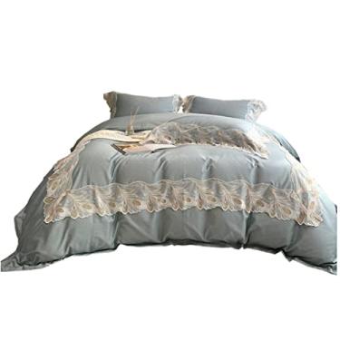 Imagem de Capa de edredom de algodão puro de quatro peças com acabamento em renda de penas roupa de cama francesa princesa (cor: azul, tamanho: 2 m) (azul 2 m)