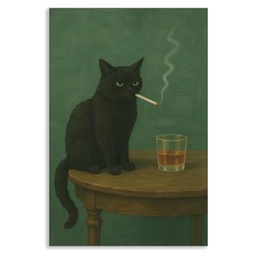 Imagem de Arte de parede em tela de gato preto, pôster de pintura de gato verde escuro temperamental, imagem de animal peculiar vintage, decoração de parede de carrinho de bar com impressão de uísque, arte de