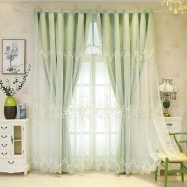 Imagem de Cortina blackout de camada dupla para sala de estar, painel decorativo de voile blecaute com bordado de renda moderna, para quarto, cortina de isolamento térmico, 1 peça, verde L 250 x A 270 cm