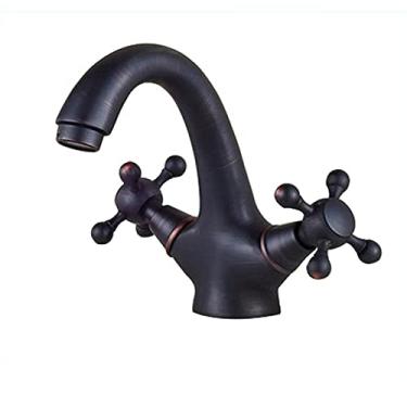 Imagem de Torneiras, torneiras de lavatório monobloco, torneira misturadora de banho com alças duplas de furo único torneira de pia de vaso de banheiro em latão antibronze, torneira quente e fria, montagem no