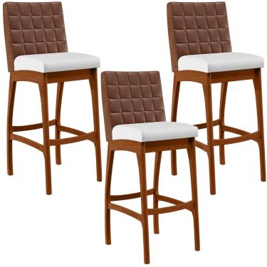 Imagem de Kit 3 Banquetas Altas Cozinha Sala Jantar Fixa Mila B04 Couríssimo Marrom Corano Branco - Lyam Decor