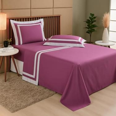 Imagem de Jogo de Lençol Casal Queen King 4 Peças Percal 300 Fios 100% Algodão - Toque Acetinado Suave e Confortável – Enxoval Cama Casa (Hortência, Casal)