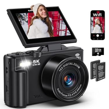 Imagem de Câmera digital 5K para fotografia - Câmera vlogging WiFi de 75 MP para YouTube - Câmeras digitais UHD 18X Zoom com tela flip de 3 polegadas e 180° - Câmera flash de fotografia de viagem para