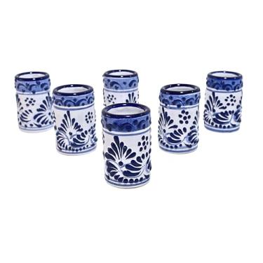 Imagem de MAREY Copos de shot de cerâmica mexicana | Talavera Poblana | Talavera Pottery | Conjunto de 6 peças | 100% feito à mão | Copos de tequila (azul e branco, 60 g)