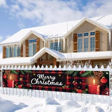 Imagem de Saoplasa Banner de Natal 395 x 50 cm, cenário de feliz Natal, decoração de parede com vela vermelha, enfeites de pinho, fundo xadrez, cenário de fotos para decoração de festas internas e externas