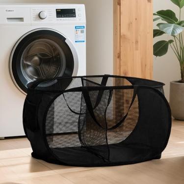 Imagem de Cesto de roupa suja dobrável, cesta de malha pop-up com compartimento e alça Organizador de roupas respirável, duas malhas, preto