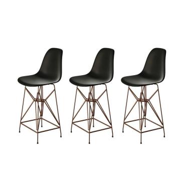 Imagem de Kit 3 Banquetas Bistrô Alta Eames Preta Base Ferro Cobre - Cor: Preto