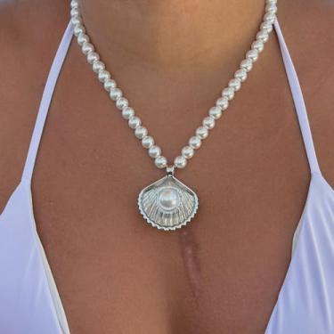 Imagem de Colar de praia dupla face concha do mar com pérolas - banhado a prata
