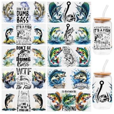 Imagem de 10 folhas de adesivos de transferência UV DTF de pesca, para copo de vidro Libbey, decalques à prova d'água, etiqueta adesiva de plástico para decoração de garrafas e copos