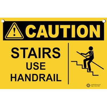 Imagem de Sinais de segurança Capitol, placa de cuidado, corrimão de uso de escadas, plástico, 25,4 x 17,8 cm, uso interno ou externo, feito nos EUA