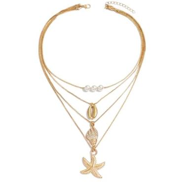Imagem de Colar feminino de pérolas, estrela do mar, concha de concha, ouro 14 quilates, gargantilha delicada em camadas, joias de férias na praia, verão, oceano costeiro, colar em camadas, joias boêmias