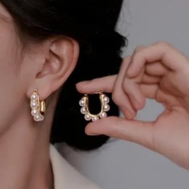 Imagem de Brincos de argola de ouro para mulheres, na moda, círculos, redondos, pérolas, hipoalergênicos, acessórios de moda, joias, presentes, Medium, Metal, Sem pedra preciosa