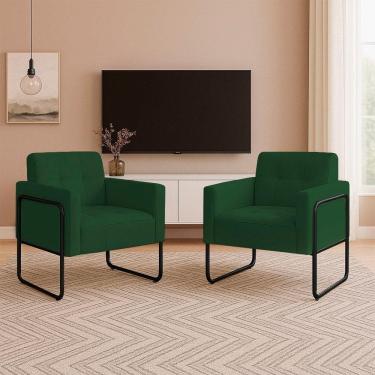 Imagem de Poltrona Sala Industrial Alta Tubo Preto Kit 2 Elisa Veludo D03 - D`rossi Cor Verde