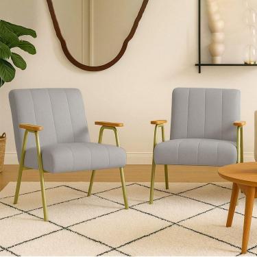 Imagem de Poltrona Sala Decorativa Industrial Dourado Kit 2 Laurita Linho K01 - D`rossi Cor Cinza