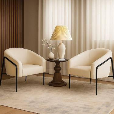 Imagem de Poltrona Sala Industrial Alta Preto Kit 2 Stella Linho D03 - D`rossi Cor Bege