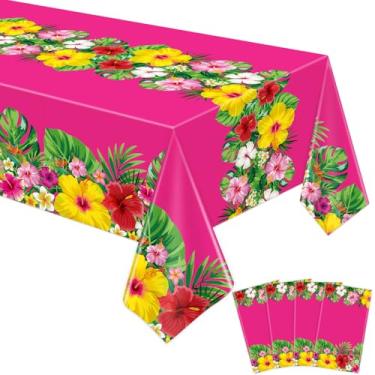 Imagem de LWYGEGJO Toalha de mesa havaiana Luau havaiana toalha de mesa com folhas de palmeira tropical (rosered)