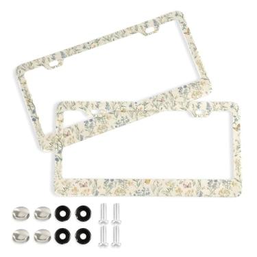 Imagem de SEHANY Molduras de placa de licença de flores florais coloridas, capas de moldura de placa de carro de alumínio à prova de ferrugem com orifícios elípticos e parafusos serve para veículos padrão dos