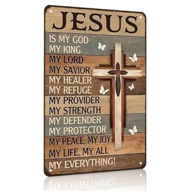 Imagem de Smilelife Presentes cristãos para mulheres homens Jesus Is My God My King My Everything Placa de lata vintage arte de parede de metal religioso para casa igreja sala de oração escritório decoração