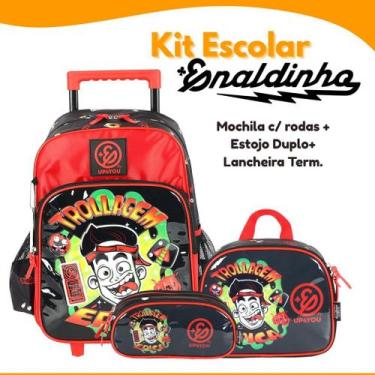 Imagem de Kit Escolar Enaldinho Mochila Rodinhas Lancheira Térmica Estojo Triplo