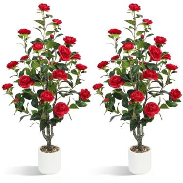 Imagem de UPBUD Camélia artificial pacote com 2 – Planta falsa realista de 101 cm com flores vermelhas, camélias falsas realistas para casa, sala de estar, pátio, casamento, decoração de eventos