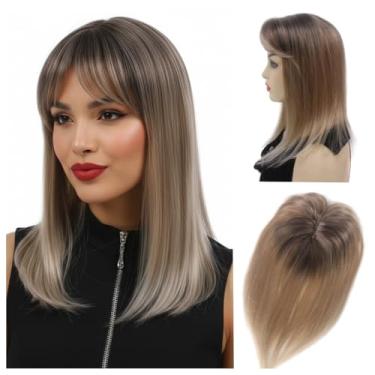 Imagem de H&Bwig Toupee para mulheres, extensões de cabelo com clipe de peruca para cobrir a peruca branca com perda de cabelo (raiz preta loira)