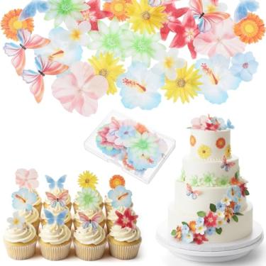 Imagem de DOPENSPI 60 peças flores comestíveis decorações de bolo de borboleta, topo de bolo de flores comestíveis, flores de papel wafer, borboleta, para bolos para festa de casamento, aniversário, chá de bebê