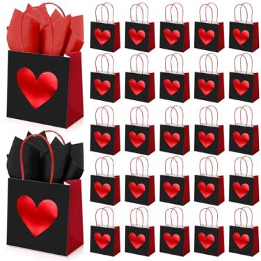 Imagem de Silkfly Pacote com 24 mini sacos de presente de dia dos namorados com papel de seda, 12 x 12 x 7,6 cm, mini sacos vermelhos de coração com alças para presente de dia dos namorados, casamento