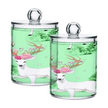 Imagem de Qilmy Pacote com 2 suportes de ponta Qtip com estampa floral de cervo, frascos de boticário de 400 ml, vasilha organizadora para banheiro, cotonetes, bolas de algodão, almofadas cosméticas