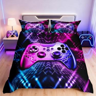Imagem de Jogo de cama gamer, gamepad de colmeia para decoração de quarto de adolescentes, crianças, meninos, azul, rosa, geometria, neon, capa de edredom respirável, videogame, reversível, tamanho casal (sem