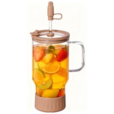 Imagem de HY3 Copo de vidro borossilicato com canudo e tampa, tampa de vidro temperado grande de 947 ml (rosa duna)