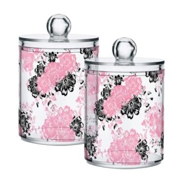 Imagem de Qilmy Qtip Suporte de boticário de 400 ml, rosa e preto, frasco de plástico transparente com tampa, dispensador de recipiente de banheiro para bola de algodão, cotonete, fio dental, pacote com 2