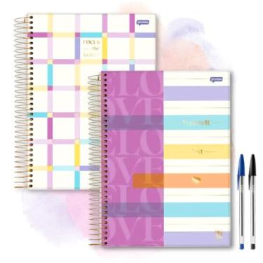 Imagem de Caderno Universitário Feminino Espiral Menina Colorido Com Adesivos COMBO com 2 Cadernos + 2 Canetas (Love + Focus)