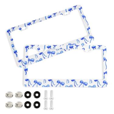 Imagem de SEHANY Lindas molduras de placa de licença de arco azul, moldura de placa de carro de alumínio à prova de ferrugem com orifícios elípticos e parafusos serve para acessórios de carro de tamanho padrão