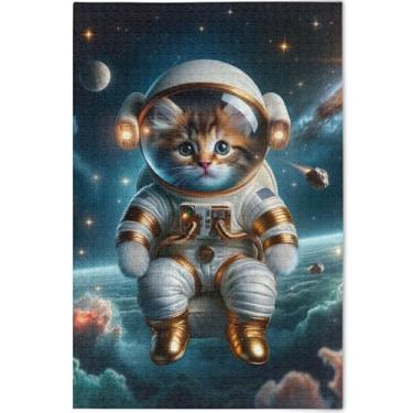 Imagem de Quebra-cabeça de gato fofo astronauta gatinho 500 peças quebra-cabeça adulto engraçado personalizado difícil arte animal flor, 52 cm x 37,8 cm