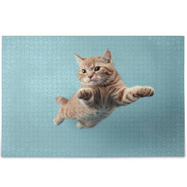 Imagem de Quebra-cabeça engraçado de gato pulando 500 peças para adultos família elefante branco presentes quebra-cabeça cena de outono pintura de arte animal personalizada, 52 cm x 37,8 cm