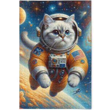 Imagem de Quebra-cabeças de gato espacial gatinho astronauta 1000 peças para adultos quebra-cabeça divertido divertido para adultos arte de pintura animal, 75 cm x 50 cm