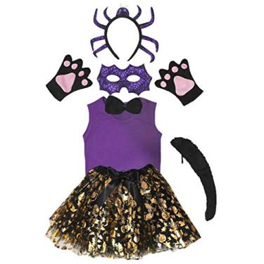 Imagem de Petitebella Tiara roxa com máscara de aranha roxa tutu 7 peças fantasia menina 1-8 anos (abóbora dourada, 4-5 anos)