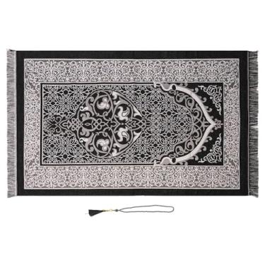 Imagem de caiydramy Tapete de oração com miçangas, tapete de oração islâmico preto para viagem Janamaz Sajadah, Eid Ramadan Umrah Nikkah Mubarak, conjunto de tapete de tafetá macio